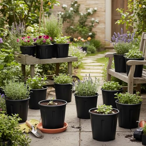 Image of 8 Inch Nursery Pots, 15 Packs Variety Plastic Pots with Drainage Hole, Plant Containers for Seedlings, Succulents, Transplanting (8 Inch, Black-Round) (Black - Round)