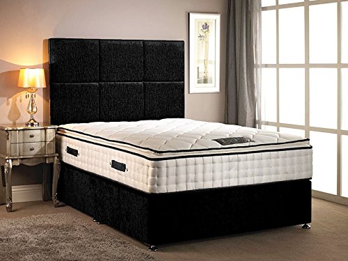 Somnior Beds Divan Bed in chenille fabric with High Pillow top 30cm Deep mattress with headboard in different size variations (Black, 5FT KING)