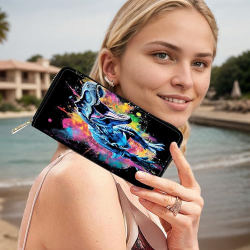 Image of RFID Blocking Leather Wallet for Women - Large Capacity Zip Around Clutch with 8 Card Slots,24 Cash Pockets & Coin Zipper,Watercolor Dinosaur