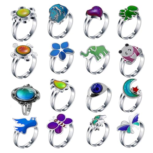 16 Pieces Mood Rings Turtle Eye Panda Elephant Butterfly Lion Change Color Emotion Feeling Finger Ring2