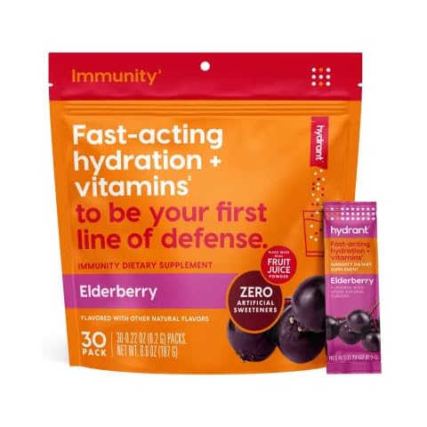 Hydrant Immunity, Individual Immune Hydration Powder Stick Packets with Vitamin C, Vitamin D, and Zinc for Electrolyte and Energy Support (Elderberry, 30 Count) Cover
