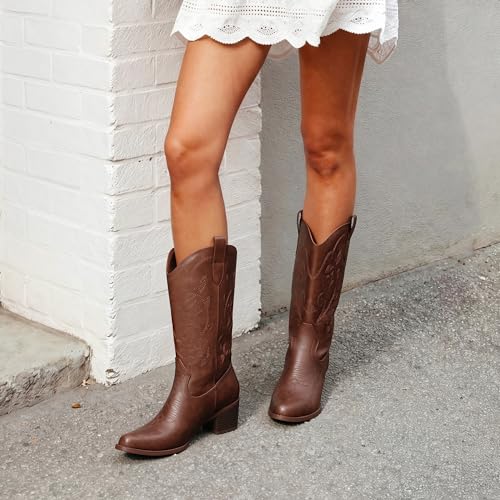 Image of DREAM PAIRS Cowboy Boots for Women Cowgirl Western Boots Fashion Embroidery Stitched Chunky Heel Mid Calf Boots