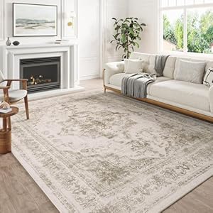 Vintage Area Rug 5×7 Indoor Living Room Taupe Washable Medallion Large Carpet Traditional Retro Accent Throw Rug Low Pile Non Slip Distressed for Kitchen Office Dining Room Bathroom Bedroom