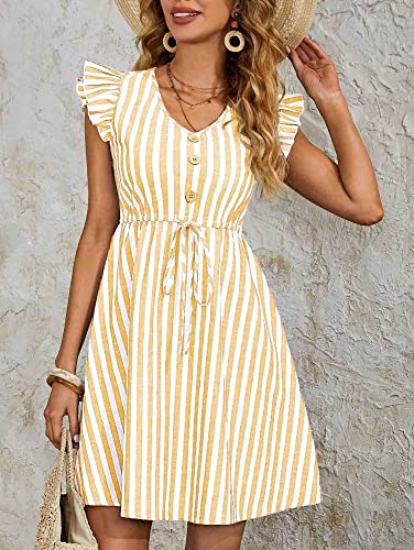Image of Leriya Fashion Western Dress || Rayon Vertical Striped Printed Dress for Women || Flounce Cap Sleeve | V-Neck | Drawstring Waist Flared Dress || Summer Short Dresses for Women.