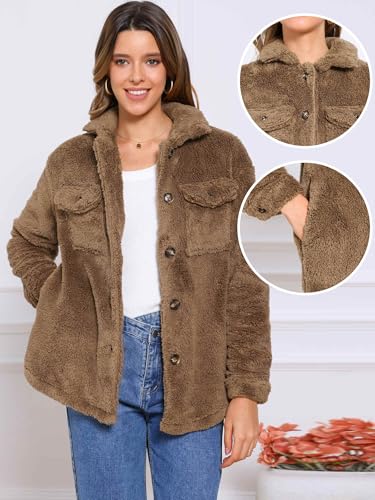 Allegra K Winter Faux Fur Coats for Women's Fuzzy Shearling Pockets Button Down Teddy Jacket Outerwear2