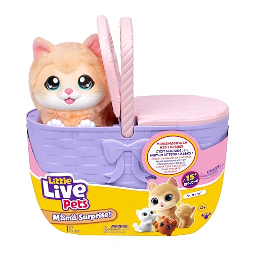Little Live Pets Mama Surprise Kittens Interactive Mama with 15+ Sounds & Reactions Basket 29cm Tall Mama Has 3 Surprise Babies Reacts to Touch Feeds on Fish Portable Basket Ages 4+