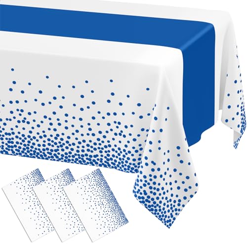 Image of Smiry Plastic Table Cloth Disposable 3 Pack, 54 x 108 Inch Rectangle Waterproof Tablecloth, Printed Gold Table Runner Style for Birthday Weeding, Party Decorations, Leakproof & Sturdy, White and Blue