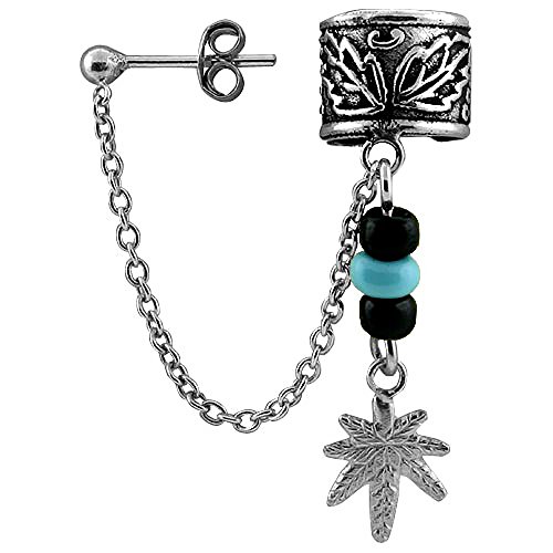 Sterling Silver Pot Leaf Ear Cuff Earring With Chain & Ball Stud (One Piece), 3/8 Inch #TOP3