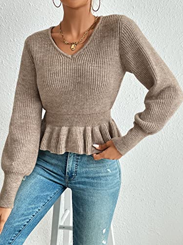 Sweatyrocks Women's V Neck Long Lantern Sleeve Top Rib Knit Ruffle Hem Pullover Sweater Khaki S #TOP6