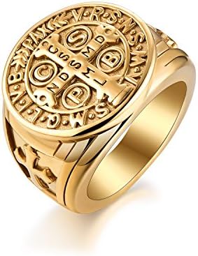 St Benedict Ring Men's Stainless Steel Christian Roman Rings Mens Catholic Saint Benedict Exorcism Ring Cross Demon Protection Ghost Hunter CSPB Men Dad Boyfriend Gold plated Christmas Size 8