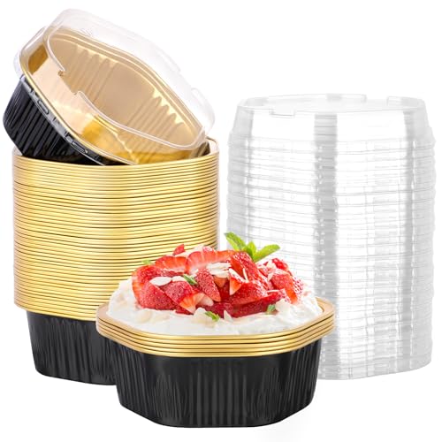 Beasea Disposable Baking Cups with Lids, 50 Pack 13.5oz 400ml Aluminum Foil Ramekins Pans Hexagon Individual Cupcake Desserts Containers Creme Brulee Pudding Souffle Oven Tins for Party - Black Gold
