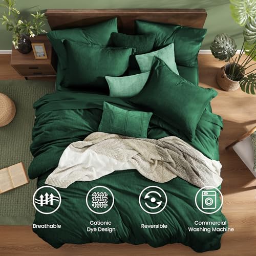 Image of Monbix Queen Comforter Set - 7 Pieces Cationic Dyeing Emerald Green Bed in a Bag Queen Bedding Sets with Comforter, Sheets, Pillowcases & Shams, Reversible Bedding Comforters Sets