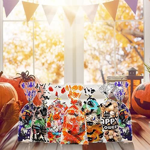 Gunwon 30 Pieces Halloween Cellophane Bags with 30 Pieces Twist Ties,Halloween Cellophane Treat Sweet Bags For Halloween Baking and Sweet Favors