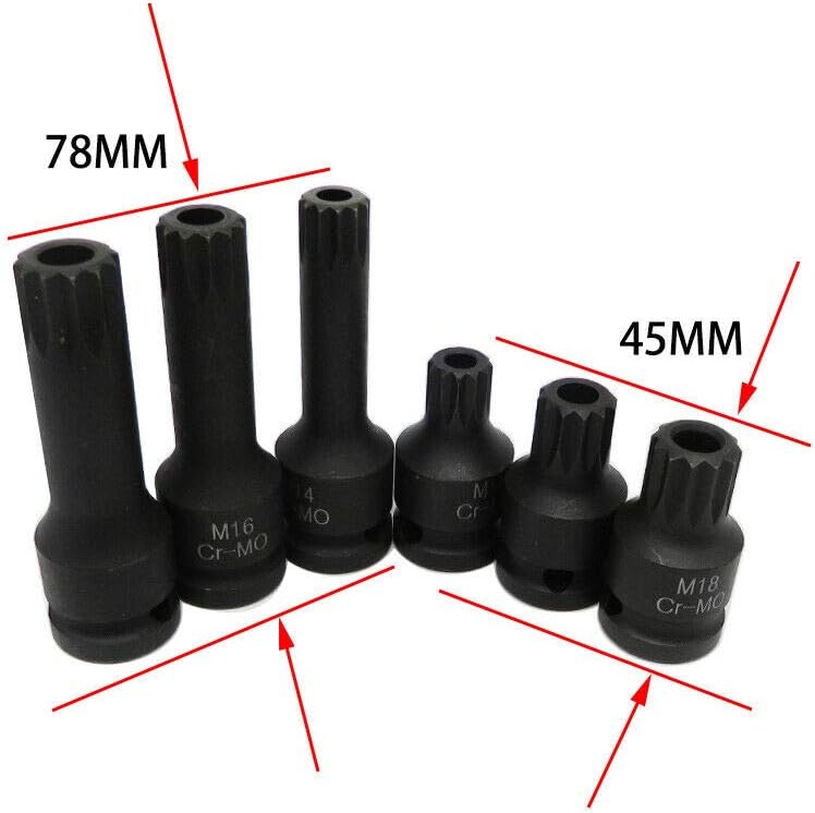 Spline Socket Bit 1/2" Socket Bit Set M14 M16 M18 12-Point Square Impact Socket Bit for Manual and Impact Wrenches (Pack of 6)