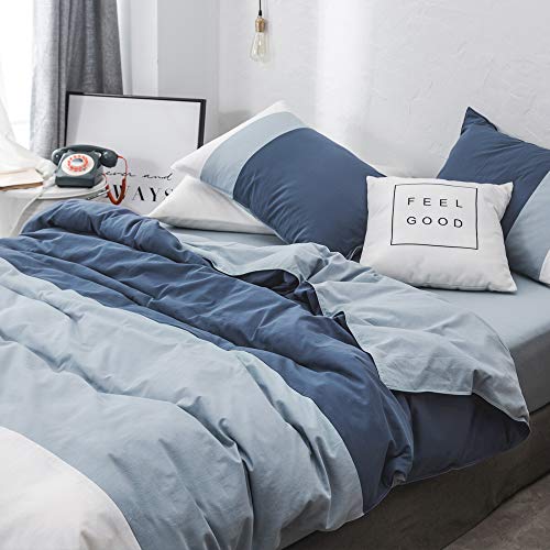 Lifetb Blue White Stripe Duvet Cover Queen Bedding Modern Geometric Comforter Cover Washed Cotton Bedding Collection Patchwork Striped Quilt Cover Reversible Full Queen Bedding Cotton Duvet Cover Set #TOP3