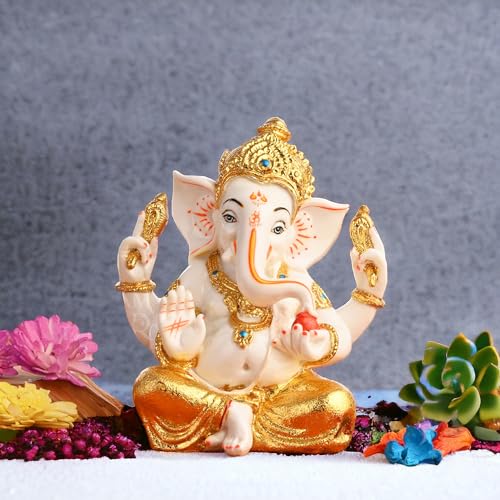 Image of Creating Ambiance Polyresin Marble Ganesh Idol, Vinayaka Statue | Auspicious Ganpati Murti for Living Room & Home Decor - Ganesh Idol for Diwali - Gold & White (7 inch 01)