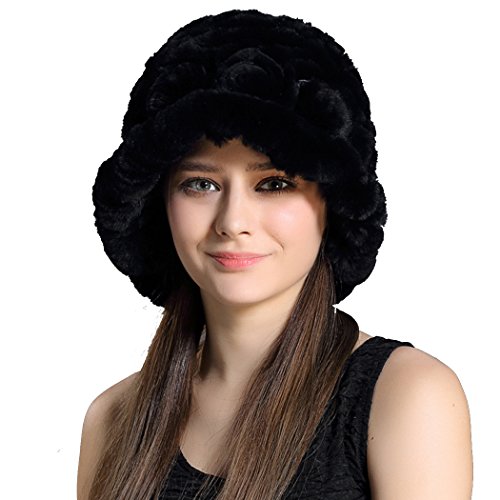 BeFur Damen Winter Fellmütze Beanie Rex Kaninchen Fell Baskenmütze mit Schönen Blumen - color 3 Cover