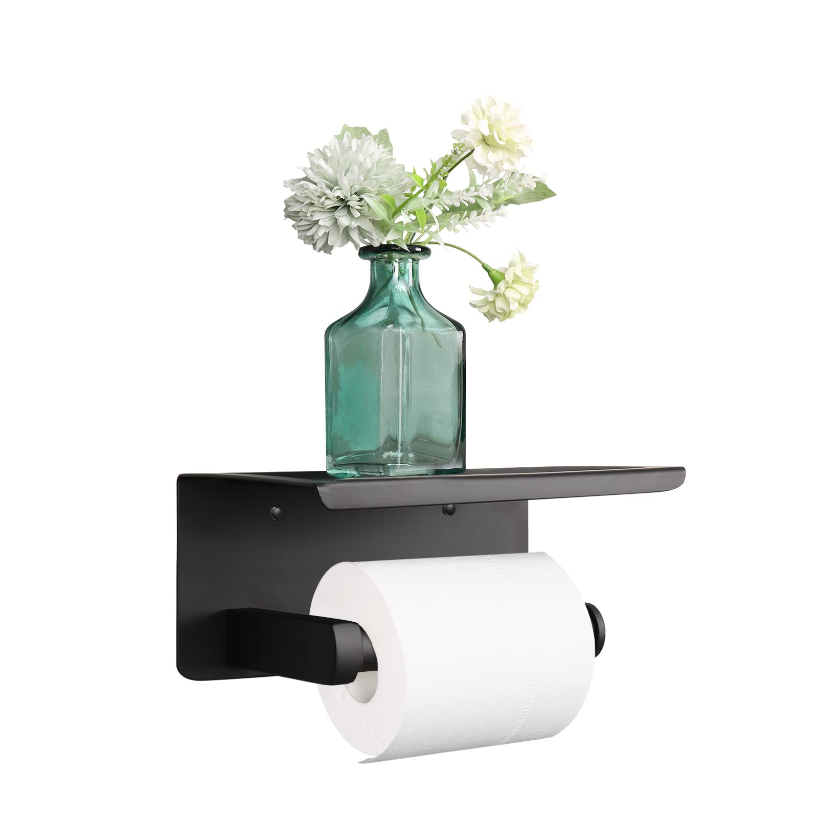 NearMoon Toilet Paper Holder with Shelf, Heavy Duty Bath Toilet Roll Holder with Phone Shelf Tissue Hanger for Bathroom/Kitchen No Drill or Wall