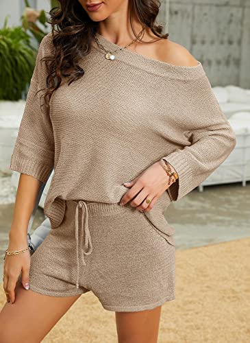 Mafulus Women's 2 Piece Outfits Sweater Sets Off Shoulder Knit Top Shorts Matching Suits Cute Pajama Lounge Set4