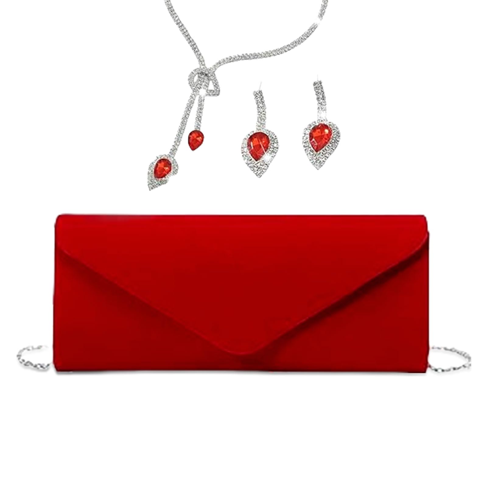 YYW 4 Pieces Women Evening Handbags Clutch Purses Shoulder Bag with Rhinestone Jewelry Set for Party Wedding(Red)