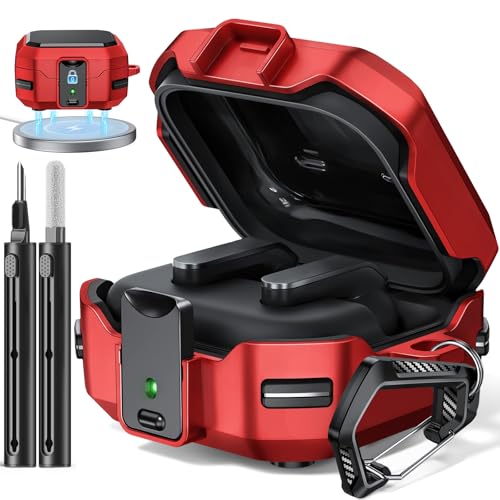 Image of Safety Lock Case for Samsung Galaxy Buds 4 Pro /4 (Red) | Compatible with MagSafe,with Cleaning Kit & Keychain,Mecha Protective Case