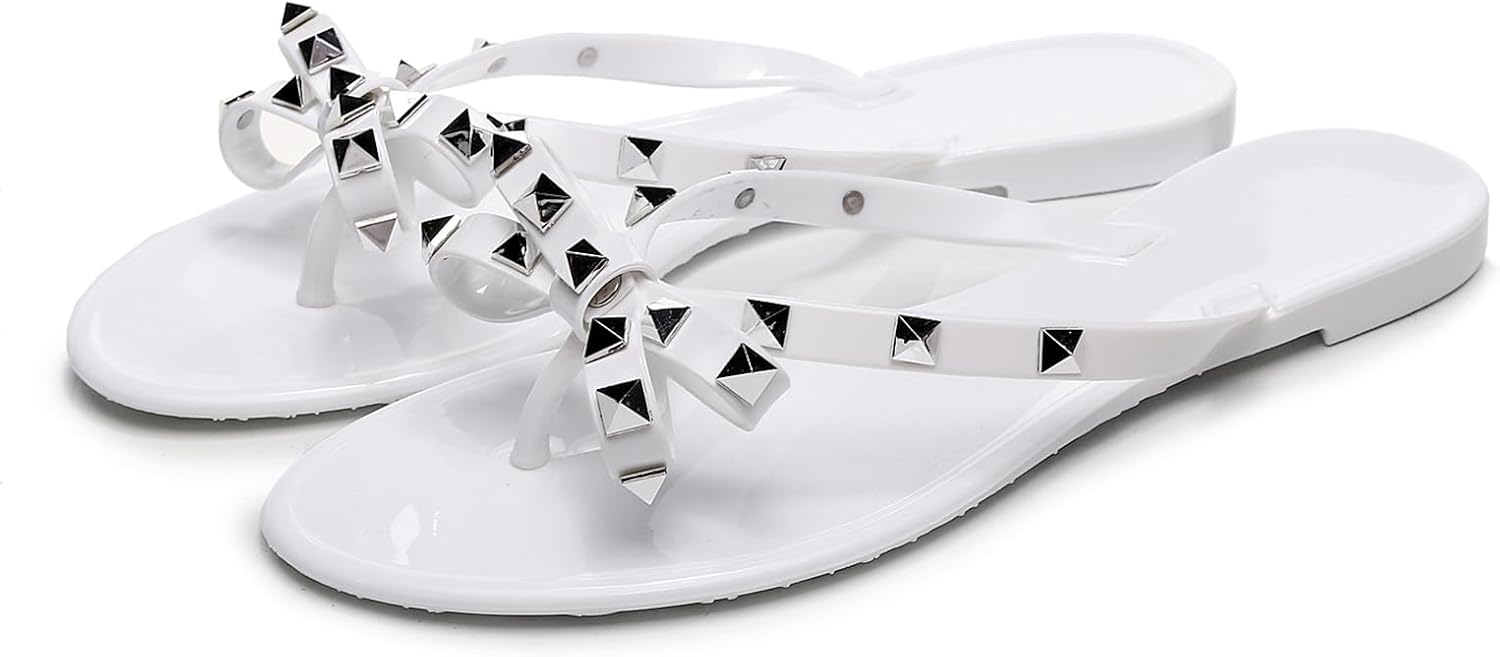 Studded Jelly Shoes for Womens Bow Flip Flops Jellies Sandals Flat Black... - Picture 155 of 174