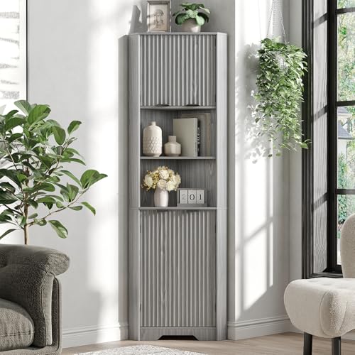 Fameill Tall Corner Cabinet with 2 Doors and 2 Open Storage Shelves, 68” Corner Storage Cabinet with Fluted Door Design, Home Space Saver for Living Room, Bathroom, Kitchen, Laundry, Grey
