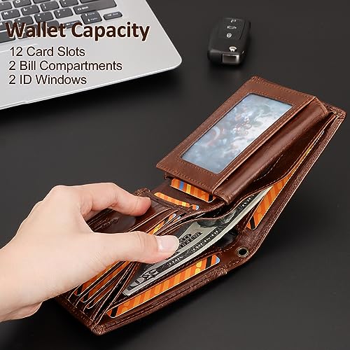 HUMERPAUL Chain Wallets for Men, Genuine Leather Purse RFID Blocking Bifold Wallets with 2 ID Window3