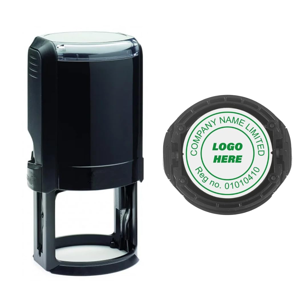 Company Logo Custom Made 42mm Circular Self Inking Stamp - Your own Business Logo and Text Stamp in Green Ink