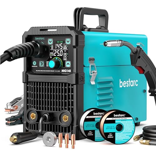 bestarc 145A MIG Welder, 110V 220V 4 in 1 Gas/Flux Core MIG/Lift TIG/Stick Welder Machine, Large LED Display Welding Machine, IGBT Inverter Welder MIG145 Soild Gasless Synergy MIG Welder