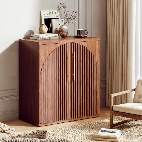 Image of Buffet Cabinet with Storage, 31.5 inch Sideboard Cabinet w /Fluted Arch Doors & Adjustable Shelves, Modern Credenza Accent Coffee Bar Console Table for Dining Room, Entryway