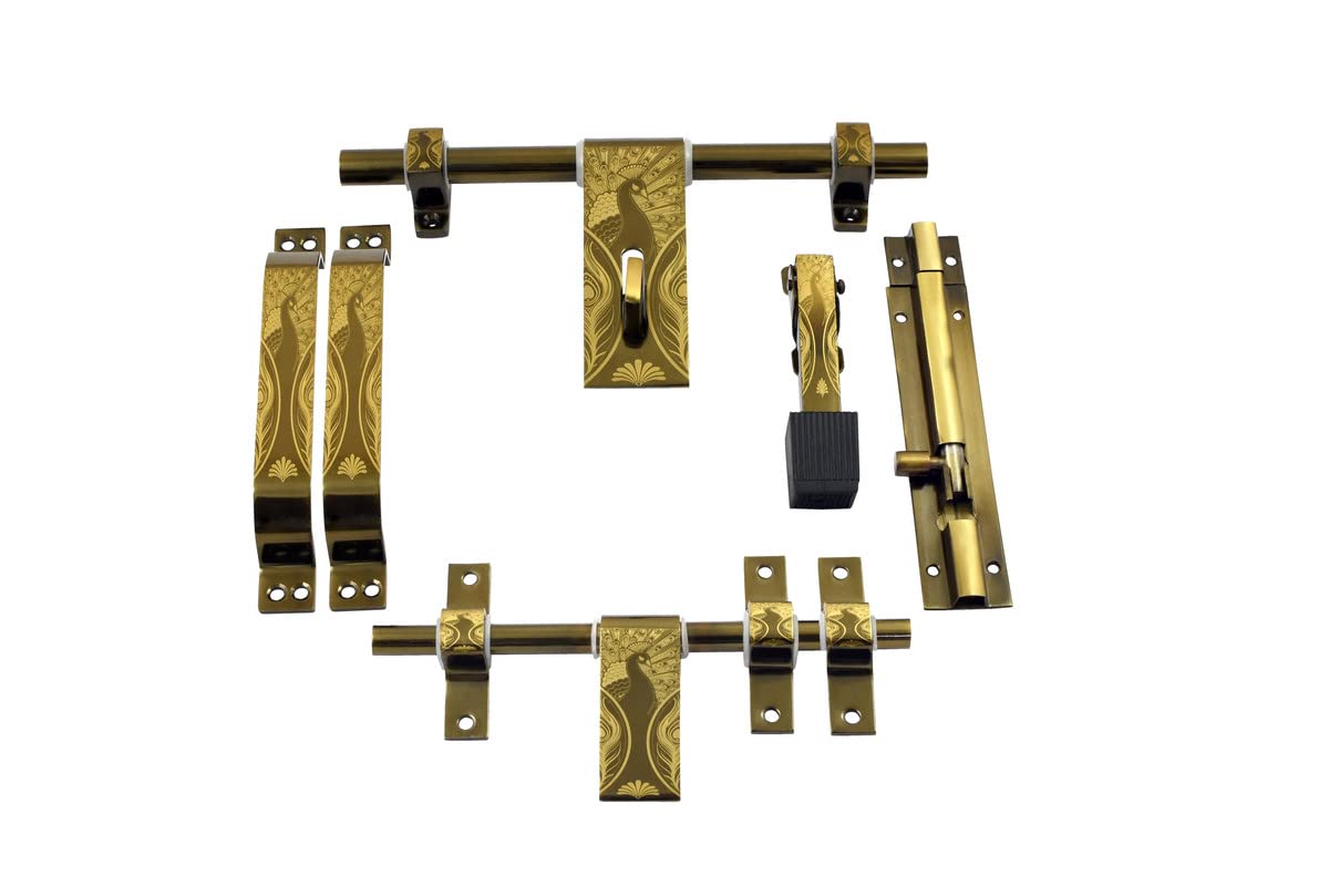 HOME DECO Stainless Steel Decorative Peacock Printed Door Accessories Kit | Elegant Design Door Fittings Set | 1 Aldrop, 1 Latch, 2 Handles, 1 Tower Bolt & 1 Stopper (Golden, Pack of 1 Set) (B0B45ZYGL2) Amazon Price History, Amazon Price Tracker