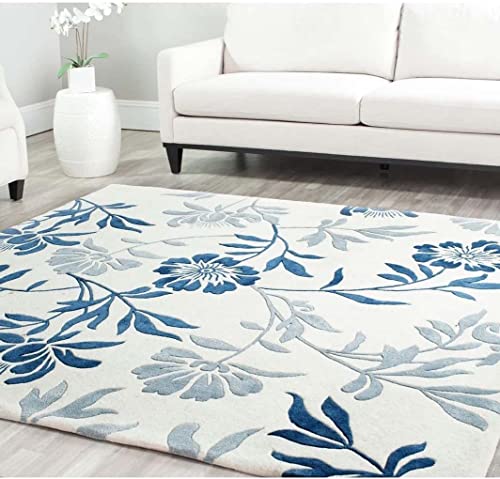 Image of Export Quality Handtufted Woolen Carpet for Living Room Bedroom & Hall - Color - White /Blue - Size - 12 x 18 Feet