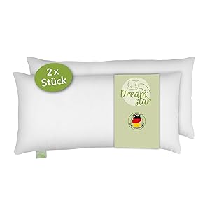 DREAMSTAR Juego de 2 almohadas de algodón con relleno de fibra ecológica y funda de algodón, lavable a 60 grados, apta para alérgicos, funda de algodón, 40 x 80 cm