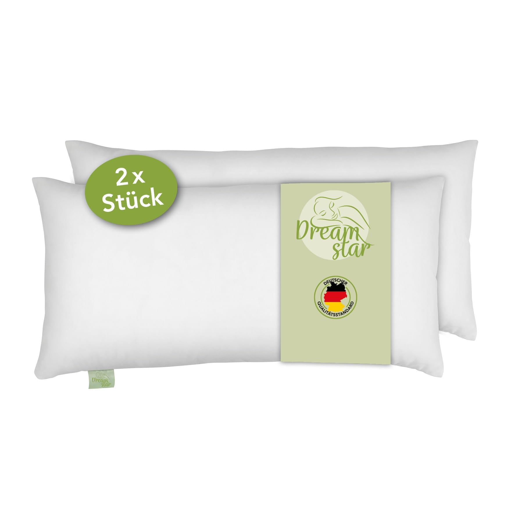 DREAMSTAR Juego de 2 almohadas de algodón con relleno de fibra ecológica y funda de algodón, lavable a 60 grados, apta para alérgicos, funda de algodón, 40 x 80 cm