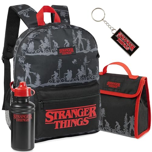 Stranger Things Zainetto Bambino 4 Pz Set con Borraccia Porta Pranzo Portachiavi Materiale Scolastico Regalo Bambini