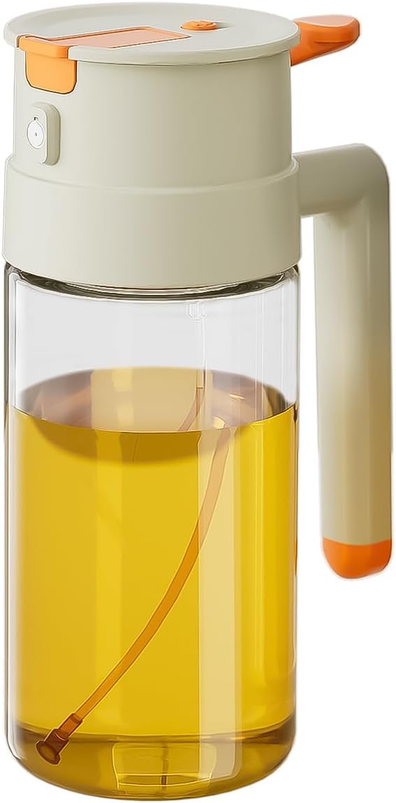 650ML Glass Oil Dispenser & Sprayer Auto-Open Leakproof Cooking Bottle Dual-Use Pour & Spray Olive Oil/Vinegar Container With Cleaning Brush Kitchen Gadget For Air Fryer(White)