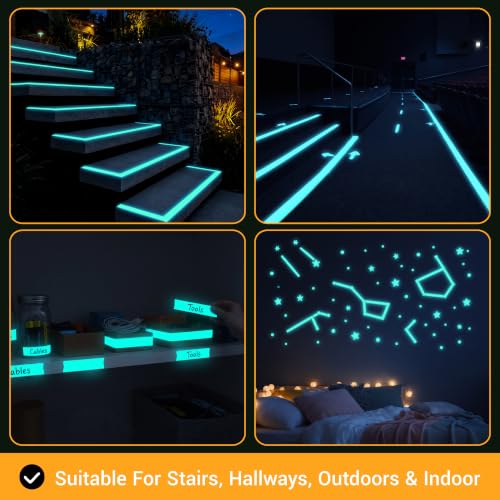 Image of High Brightness Glow in the Dark Tape for Safety Marking, Art Craft DIY, Halloween Deco and Party Accessories. Non-Toxic Adhesive, Waterproof Rechargeable Luminous Tape Blue-Green Light (2 in X 30 ft)