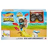 Hot Wheels Monster Trucks Big Air Breakout Play Set with 5 Alarm 1:64 Scale die-cast Metal Body Monster Truck 4 Plastic Crushed Cars 1 Slam Launcher and Ramp for Vertical Crashing for 3-7 Year Olds