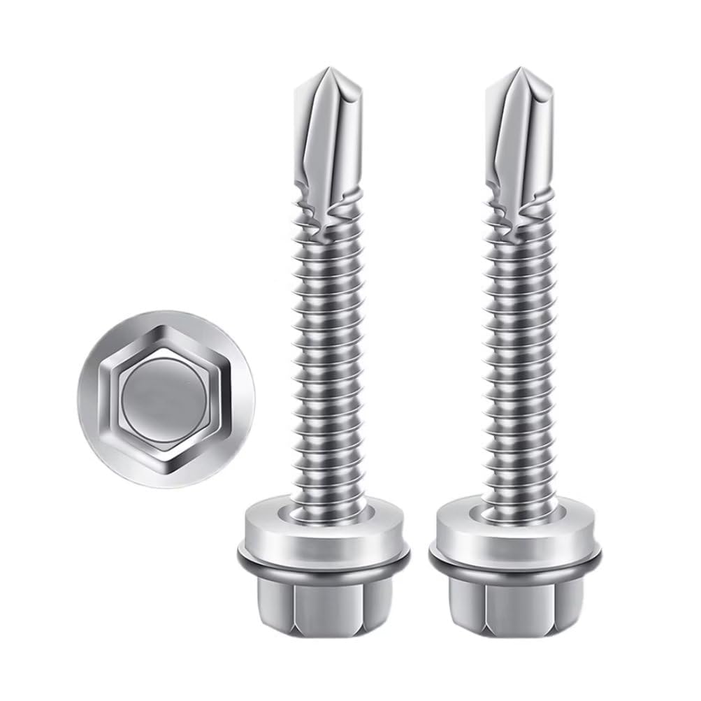 Wkręty samowiercące do dachów, 20 szt. Stal nierdzewna 410 M6.3 Długość 16~180 mm samogwintujące z łbem sześciokątnym Metalowe wkręty podkładką i 1 gniazdem(M6.3 * 165mm)