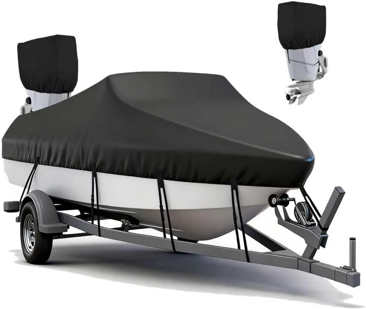 1200D Heavy Duty Boat Cover, Waterproof Boat Cover for 16–18.5 ft Bass, V-Hull & Tri-Hull Boats, UV Resistant Marine Grade Boat Covers with Straps, Fits Trailer Storage, Boat Accessories