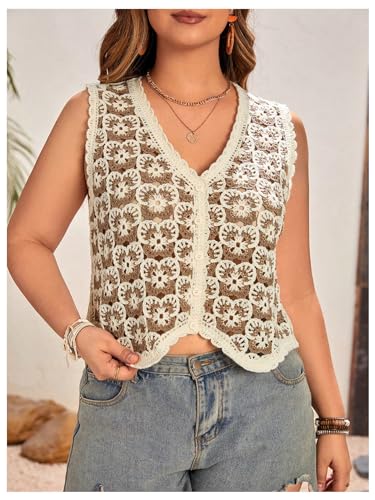 Image of Verdusa Women's Sweater Vest Button Front V Neck Sleeveless Crochet Plaid Checkered Knit Sweater Vest