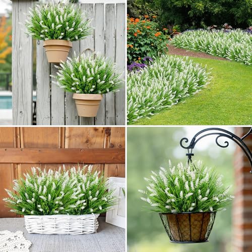 Image of Bassion 24 Bundles Fake Lavender Artificial Flowers for Outdoors, White