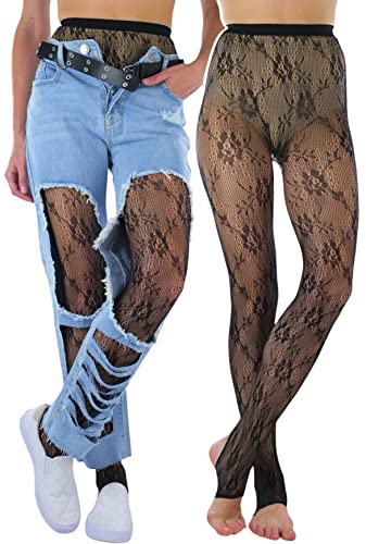 Image of ToBeInStyle Women's Single Floral Lace Fishnet Tights Footless & Stirrup Design