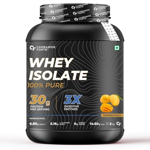 Carbamide Forte Whey Protein Isolate 100% Pure Protein Powder | 30g Protein per serving with 3X digestive Enzymes | 6.89g BCAA | 14.50g EAA | 0g added sugar | Alphonso Mango Flavour - 2Kg