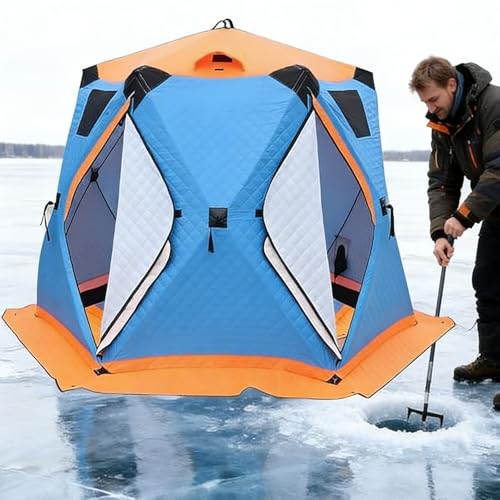 Refugio de hielo aislado con gato de estufa y ventanas panorámicas para acampar y pescar en invierno