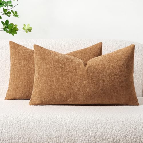 Image of MIULEE Pack of 2 Brown Throw Pillow Covers 12x20 Inch Soft Chenille Lumbar Pillow Covers for Sofa Living Room Couch Solid Dyed Cases