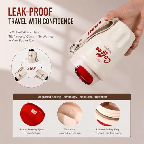 Image of Coffee Vacuum Flask, Portable Coffee Cup with Lid & Handle, Stainless Steel Insulated Water Bottle for Home, Office, and Outdoor Use, Insulated Travel Drinkware, Travel Coffee Mugs (Red,Simple)