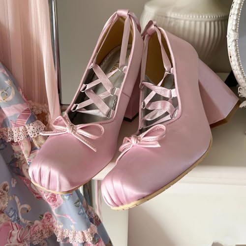 Satin Ballet Heels for Women Lace Up Chunky High Heel Pumps Square Toe Bow Ballerina Ballet Party Dress Shoes3