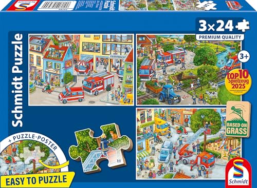 Schmidt Spiele 56580 Feuerwehr, 3x24 Teile Kinderpuzzle aus Graspappe